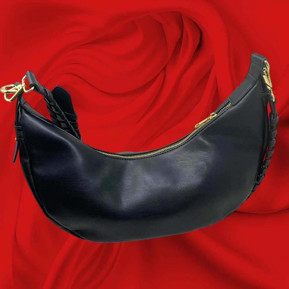 NWT Jules Kae Zola Black Vegan Leather Crescent Hobo Shoulder Bag Braided Strap